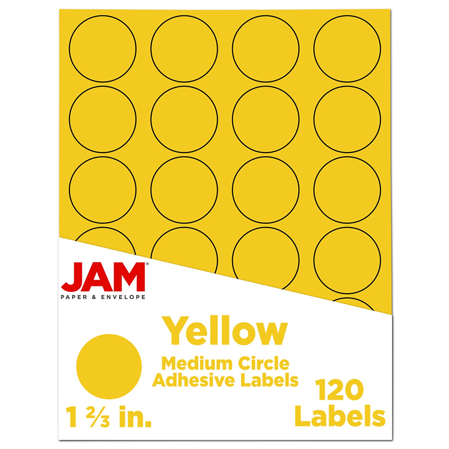 JAM Paper Circle Round Label Sticker Seals, 1 2/3 Inch Diameter, Yellow, 24 Labels/Sheet, 5 Sheets/Pack (147627067)