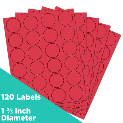 JAM Paper Circle Round Label Sticker Seals, 1 Diameter, Red, 24 Labels/Sheet, 5 Sheets/Pack (314761