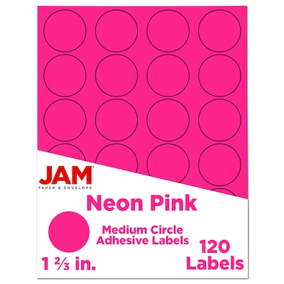 JAM Paper Round Label Sticker Seals, 1 2/3 Diameter, Neon Pink, 24 Labels/Sheet, 5 Sheets/Pack (354