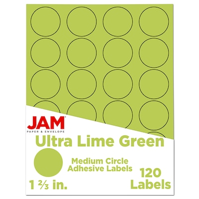 JAM Paper Round Label Seals, 1 2/3 Diameter, Ultra Lime Green, 24 Labels/Sheet, 5 Sheets/Pack (1476