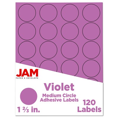 JAM Paper Circle Round Label Seals, 1 2/3 Diameter, Violet Purple, 24 Labels/Sheet, 5 Sheets/Pack (