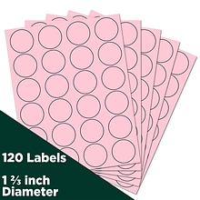 JAM Paper Round Label Sticker Seals, 1 2/3, Baby Pink, 24 Labels/Sheet, 5 Sheets/Pack (147628279)