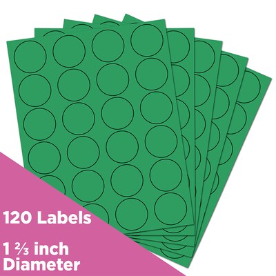 JAM Paper Round Label Sticker Seals, 1 2/3 Diameter, Green, 24 Labels/Sheet, 5 Sheets/Pack (1476270