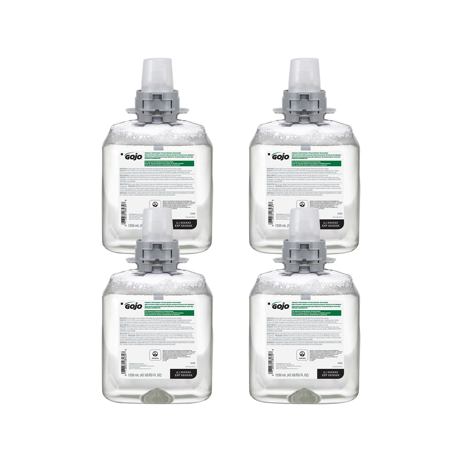 GOJO Green Certified Foaming Hand Soap Refill for FMX12 Dispenser, 1250 ml., 4/Carton (5165-04)