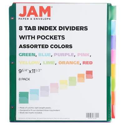 JAM Paper Index Dividers with Double Pockets, 8-Tab, Multicolor (375036726)