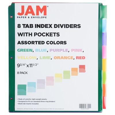 JAM Paper Index Dividers with Double Pockets, 8-Tab, Multicolor (375036726)