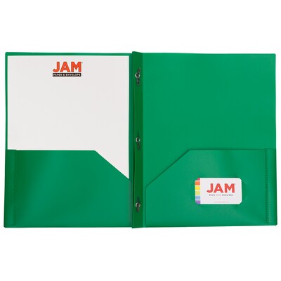 JAM Paper 2-Pocket Plastic Folders with 3 Fasteners, Green, 6/Pack (382ECGRD)