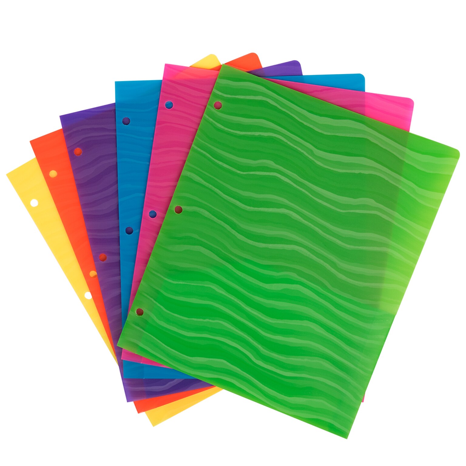 JAM Paper Heavy Duty 3-Hole Punched 2-Pocket Plastic Folders, Multicolored, Assorted Wave Colors, 6/Pack (383HPWAVEAST)