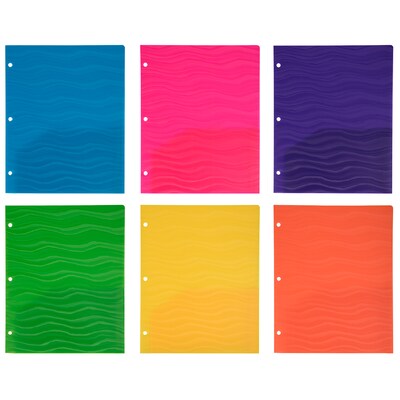 JAM PAPER 3-Hole Punched 2-Pocket Plastic School Folder, Assorted Wavy Colors, 6/Pack (383HPWAVEASTA)