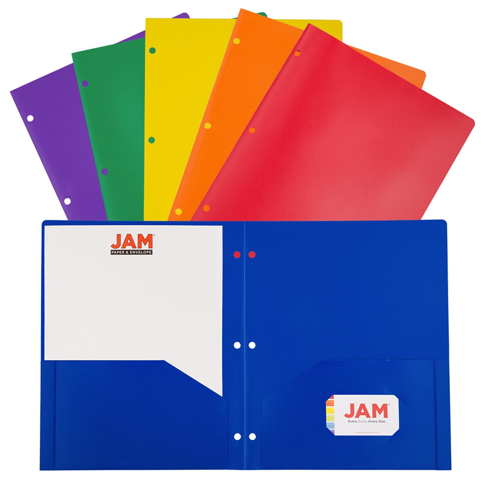 JAM Paper 2-Pocket Plastic Folders, Multicolored, Assorted Primary Colors, 6/Pack (382EHPASTPR)