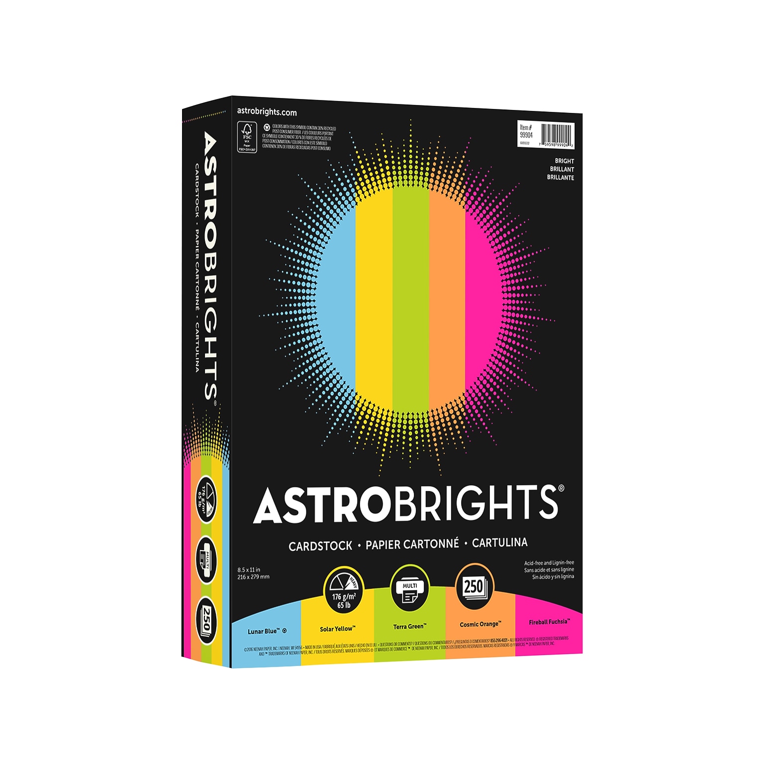 Astrobrights Bright 65 lb. Cardstock Paper, 8.5 x 11, Assorted Colors, 250 Sheets/Pack (99904)