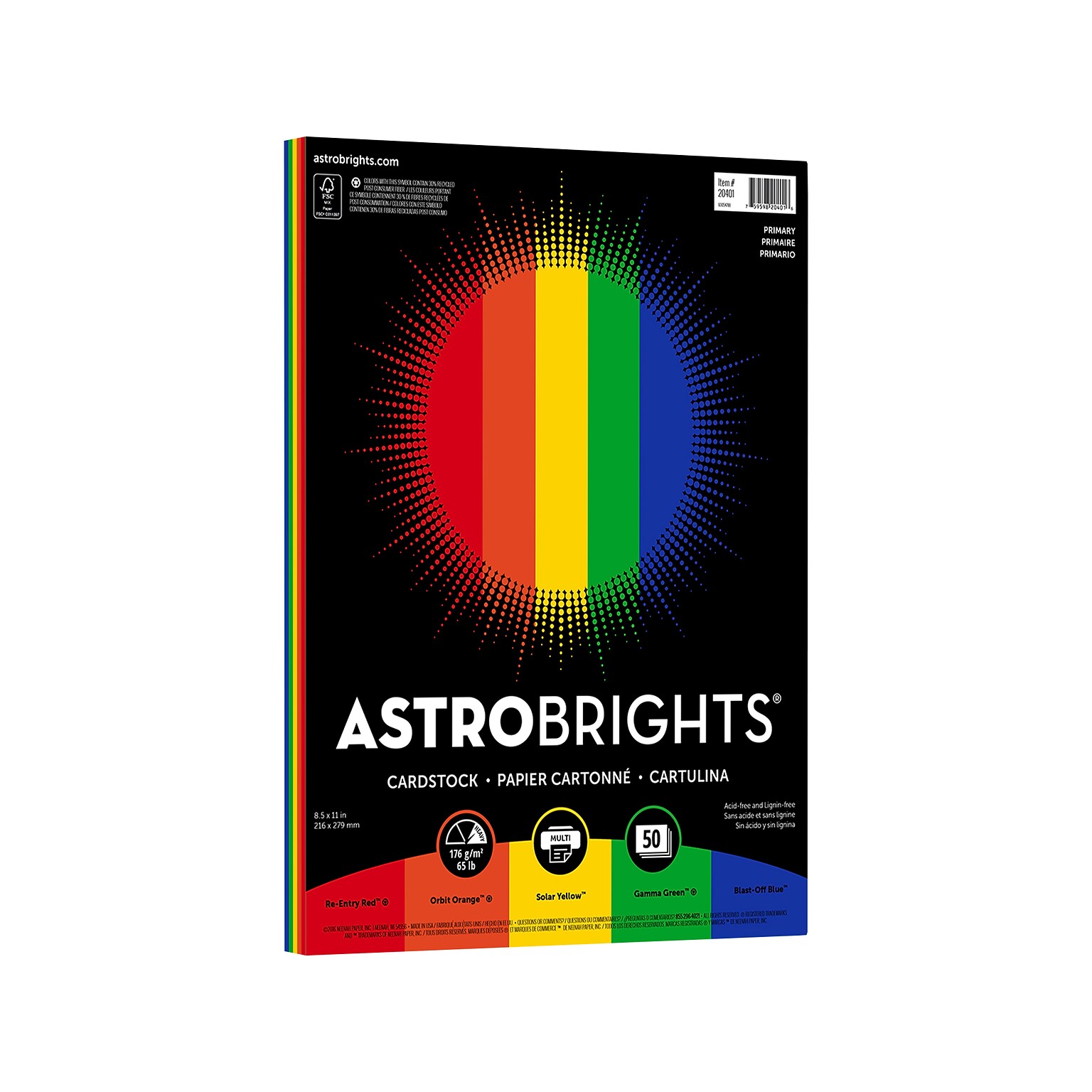 Astrobrights Primary One 65 lb. Cardstock Paper, 8.5 x 11, Assorted Colors, 50 Sheets/Pack (20401)