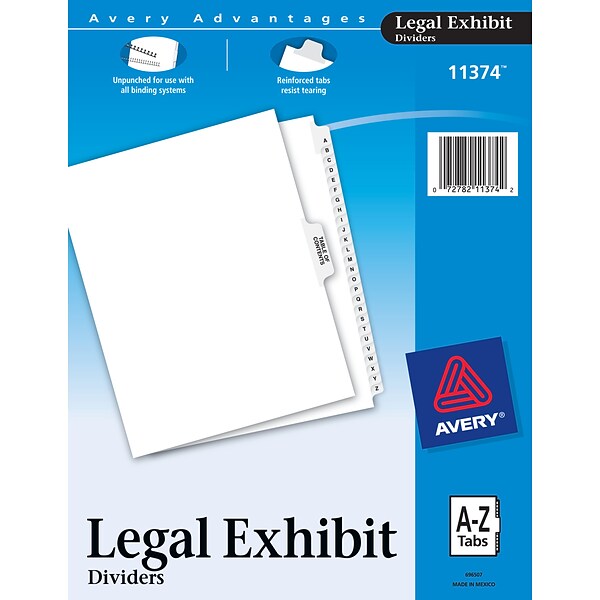 Avery Legal Exhibit A-Z Dividers, 26-Tab, White, Set (11374)