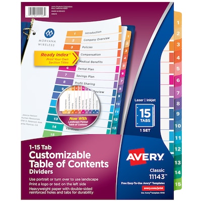 Avery Ready Index Table of Contents Pre-Printed Paper Dividers, 15 Tabs, Multicolor, 1 Set (11143)