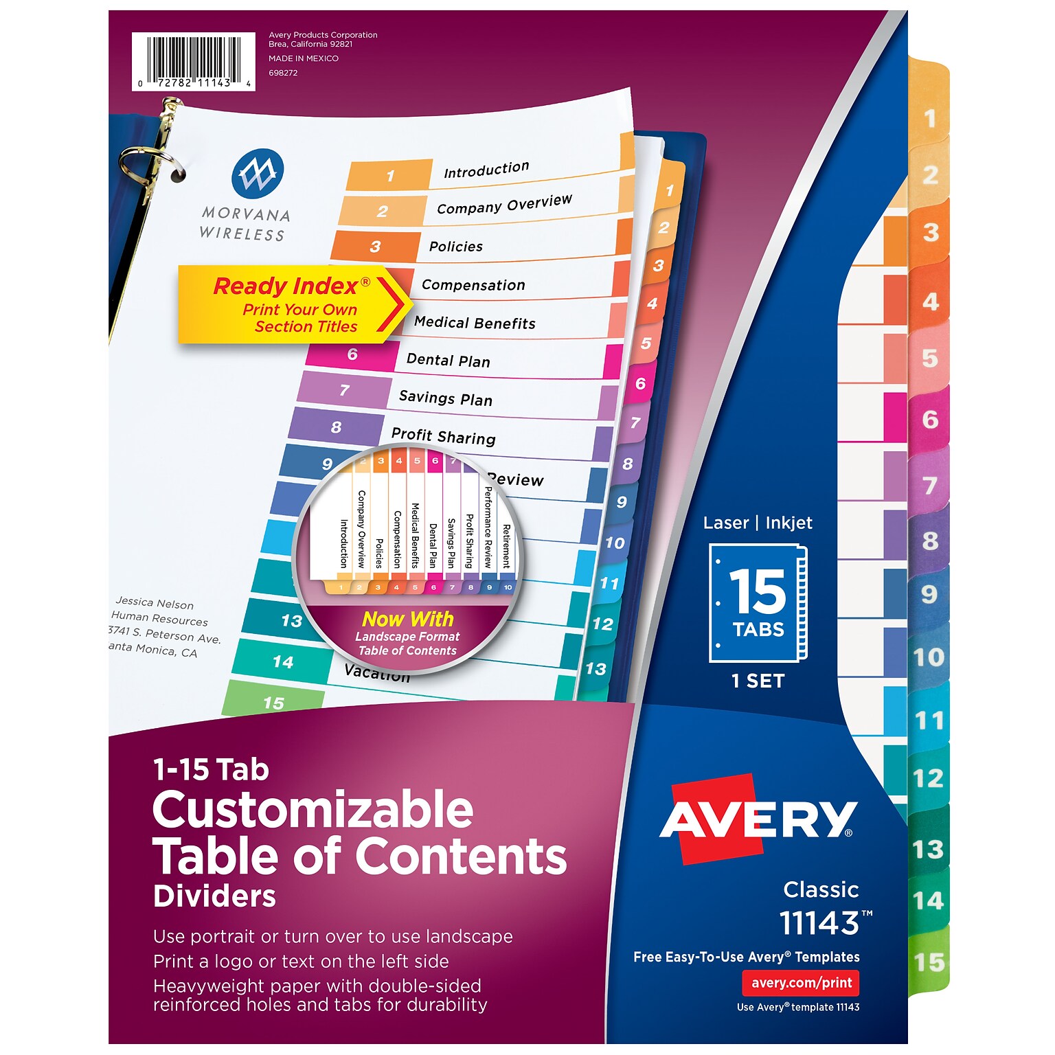 Avery Ready Index Table of Contents Pre-Printed Paper Dividers, 15 Tabs, Multicolor, 1 Set (11143)