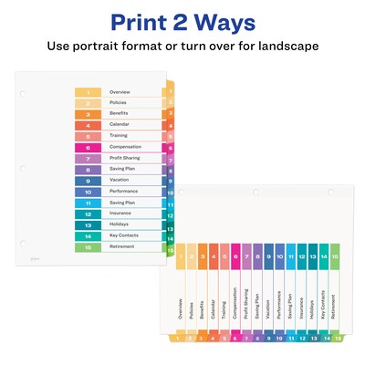 Avery Ready Index Table of Contents Pre-Printed Paper Dividers, 15 Tabs, Multicolor, 1 Set (11143)