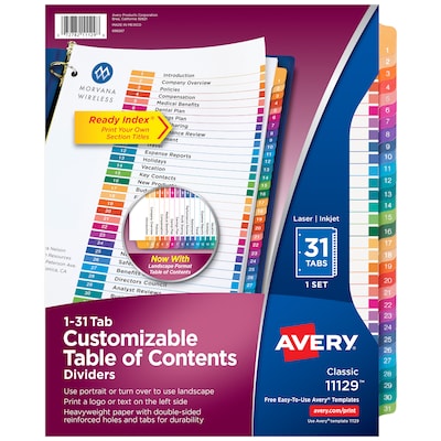 Avery Ready Index Table of Contents Pre-Printed Numeric Paper Divider, 31 Tabs, Multicolor, 1 Set (1