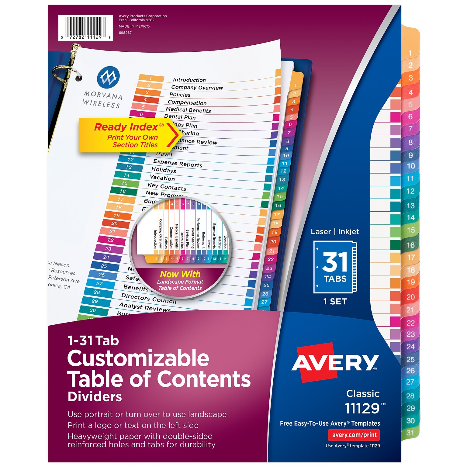 Avery Ready Index Table of Contents Pre-Printed Numeric Paper Divider, 31 Tabs, Multicolor, 1 Set (11129)