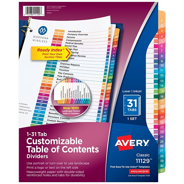 Avery Ready Index Customizable Table of Contents Numeric Paper Dividers, 31-Tab, Multicolor (11129)