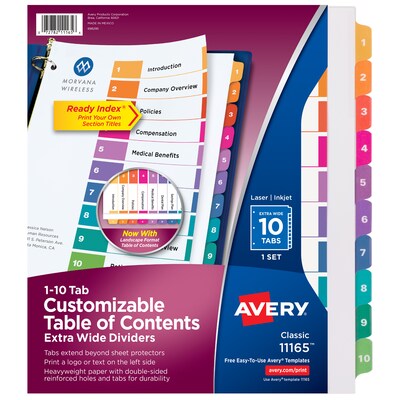 Avery Ready Index Numeric Paper Dividers, 10-Tab, Multicolor (11165)