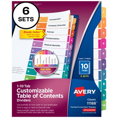 Avery Ready Index Table of Contents Paper Dividers, 1-10 Tabs, Multicolor, 6 Sets/Pack (11188)