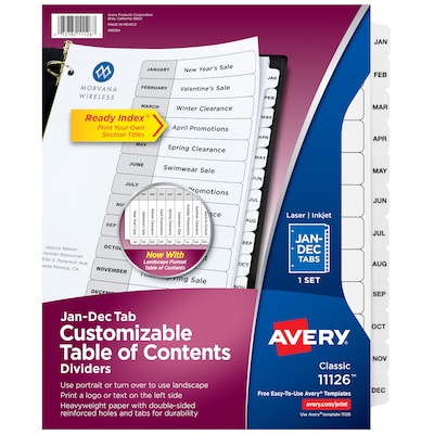 Avery Ready Index Table of Contents Paper Dividers, Jan-Dec Tabs, White (11126)