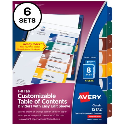 Avery Ready Index Easy Edit Table of Contents Plastic Dividers, 8-Tab, Multicolor, 6/Pack (12172)
