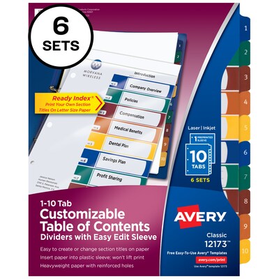 Avery Ready Index Easy Edit Numeric Paper Dividers, 10-Tab, Multicolor, 6 Sets/Pack (12173)