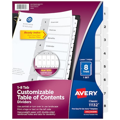 Avery Ready Index Table of Contents Paper Dividers, 1-8 Tabs, White (11132)