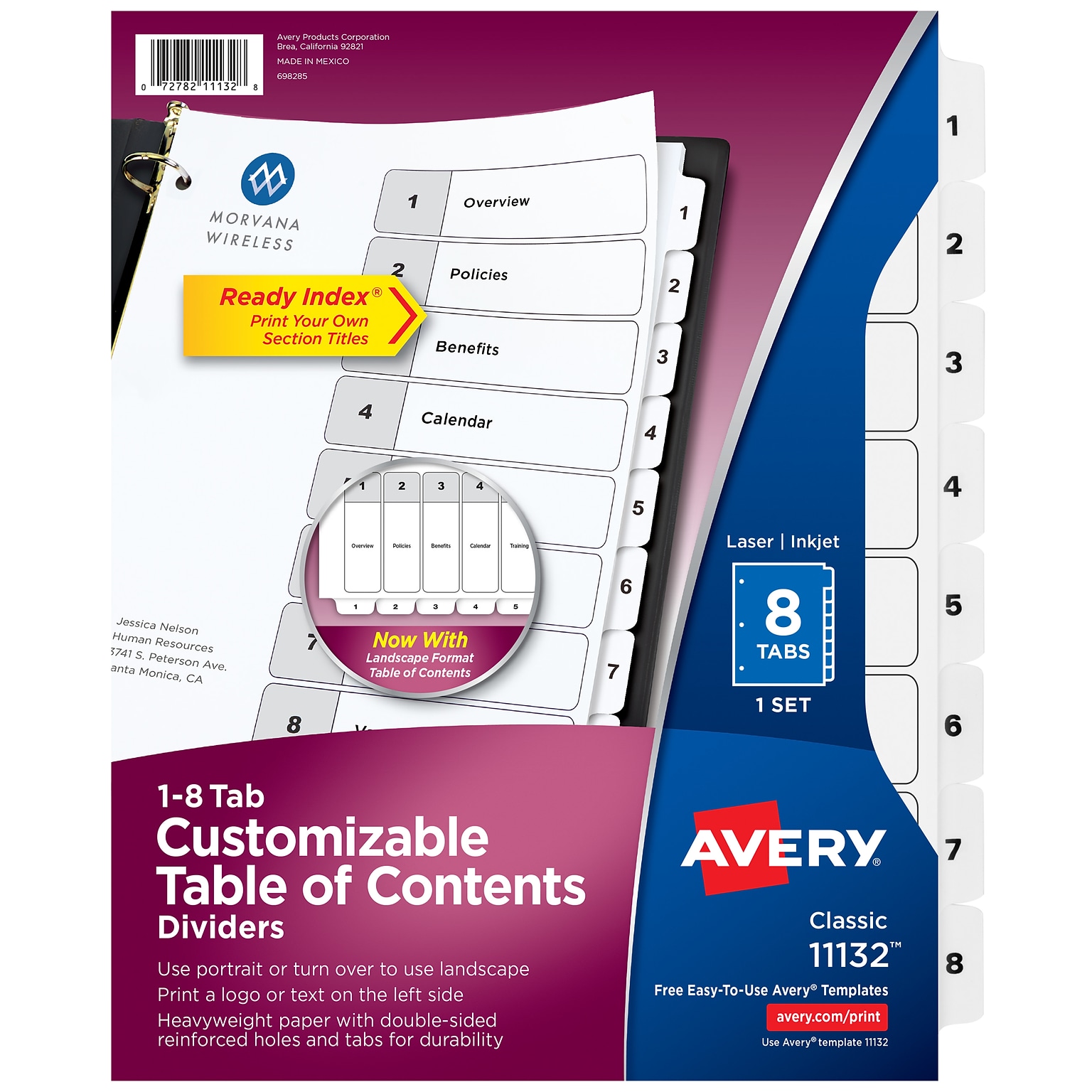 Avery Ready Index Table of Contents Paper Dividers, 1-8 Tabs, White (11132)
