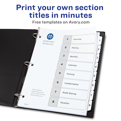 Avery Customizable Table of Contents Dividers, Ready Index Printable Section Titles, Preprinted 1-8 Multicolor Tabs, 6 Sets (11186)