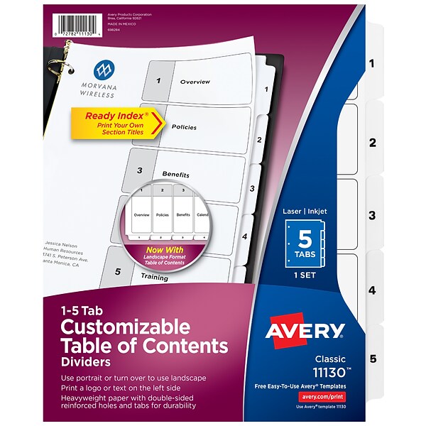 Avery Ready Index Customizable Table of Contents Numeric Dividers, 5-Tab, White (11130)