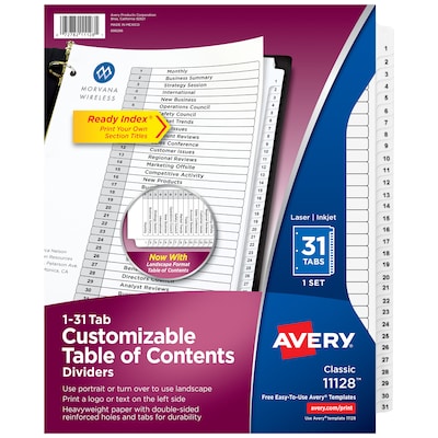Avery Ready Index Table of Contents Pre-Printed Numeric Paper Divider, 31 Tabs, White, 1 Set (11128/