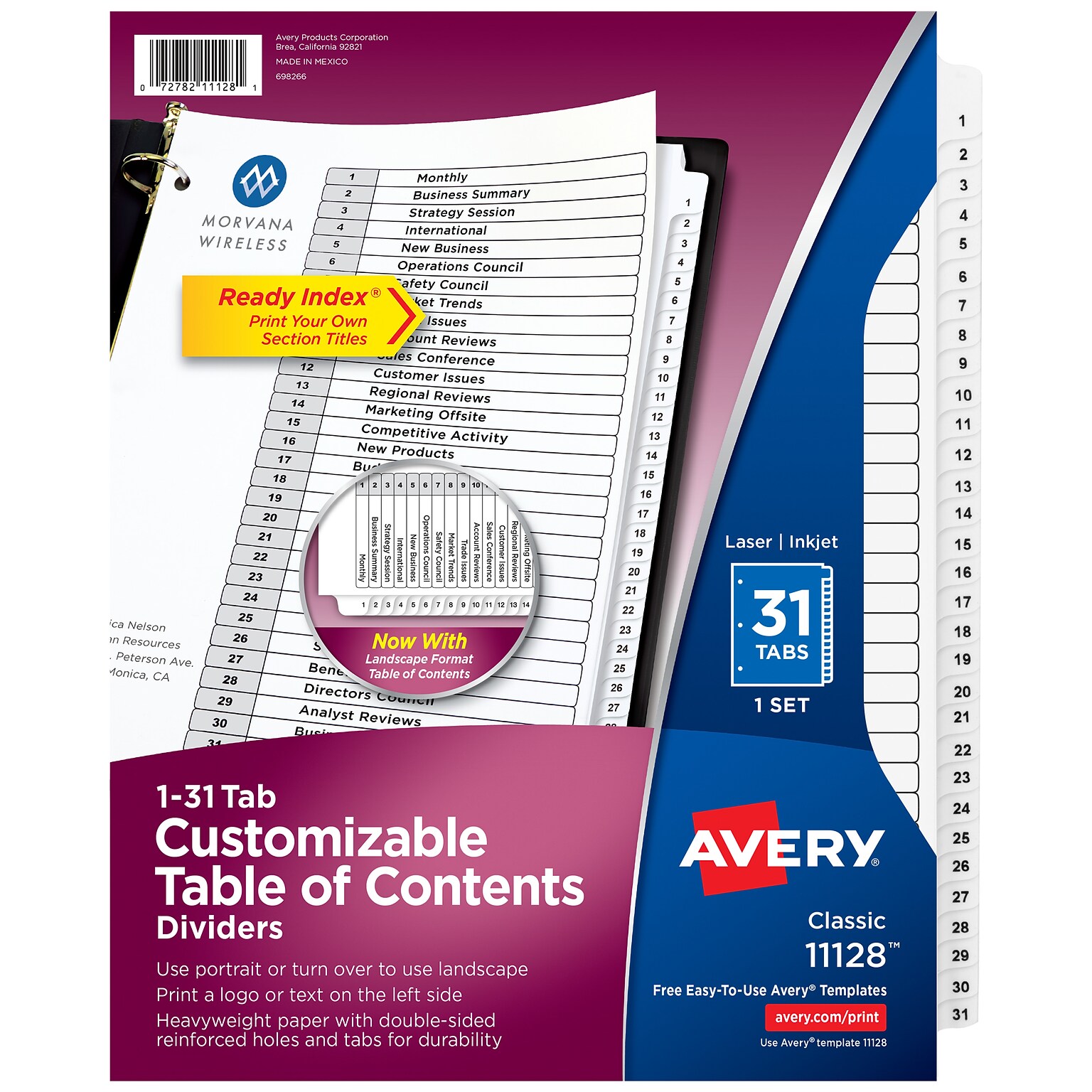 Avery Ready Index Table of Contents Pre-Printed Numeric Paper Divider, 31 Tabs, White, 1 Set (11128/RI21331C)