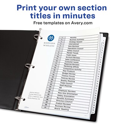 Avery Ready Index Table of Contents Pre-Printed Numeric Paper Divider, 31 Tabs, White, 1 Set (11128/