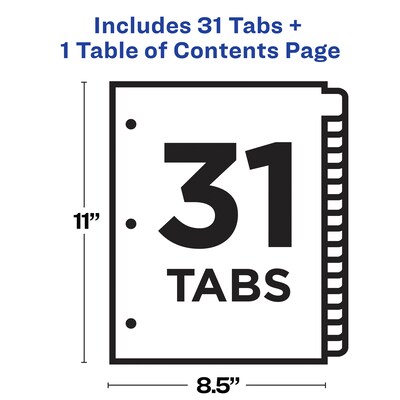 Avery Ready Index Table of Contents Paper Dividers, 1-31 Tabs, White (11128)