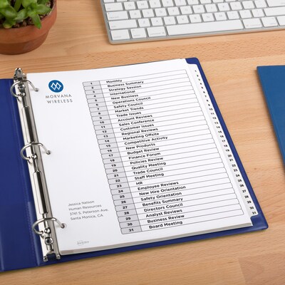 Avery Ready Index Table of Contents Pre-Printed Numeric Paper Divider, 31 Tabs, White, 1 Set (11128/RI21331C)