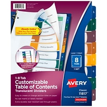 Avery Ready Index Table of Contents Plastic Dividers, 1-8 Tabs, Multicolor (11817)