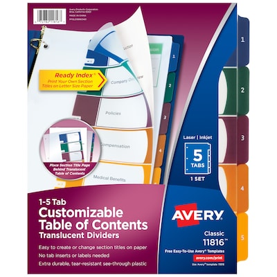 Avery Ready Index Table of Contents Plastic Dividers, 1-5 Tabs, Multicolor (11816)