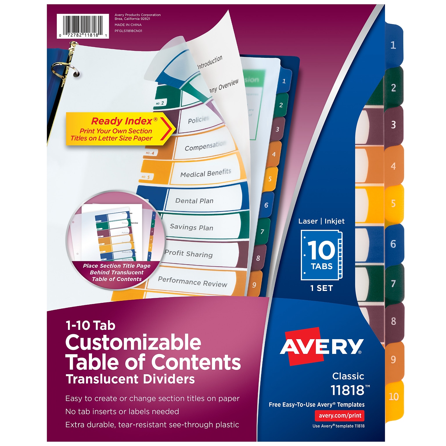 Avery Ready Index Table of Contents Plastic Tab Dividers, Preprinted 1-10, Multicolor, 10/Per Set (11818)