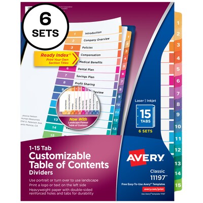 Avery Ready Index Table of Contents Paper Dividers, 1-15 Tabs, Multicolor, 6 Sets/Pack (11197)