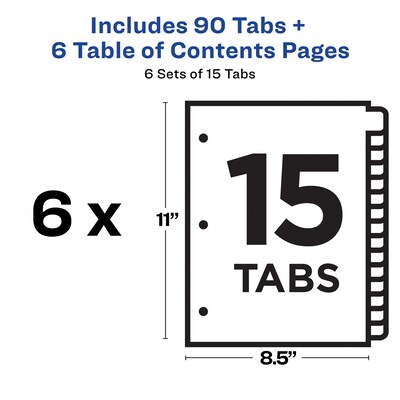 Avery Ready Index Table of Contents Paper Dividers, 1-15 Tabs, Multicolor, 6 Sets/Pack (11197)