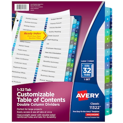 Avery Ready Index Table of Contents Double Column Paper Dividers, 1-32 Tabs, Multicolor (11322)