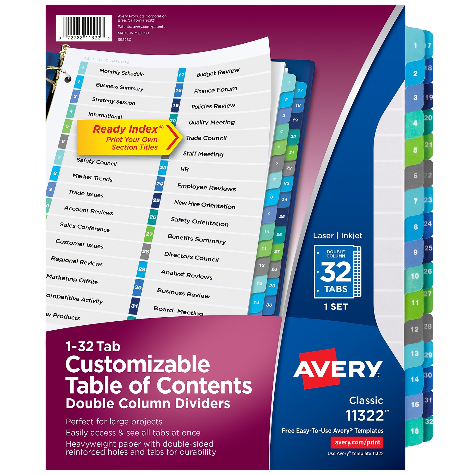 Avery Ready Index Table of Contents Double Column Paper Dividers, 1-32 Tabs, Multicolor (11322)