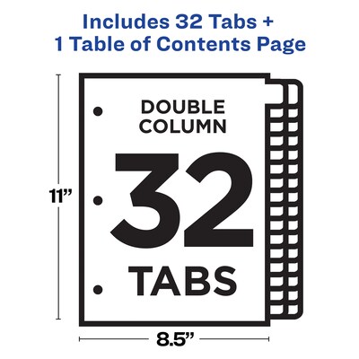 Avery Ready Index Table of Contents Double Column Paper Dividers, 1-32 Tabs, Multicolor (11322)