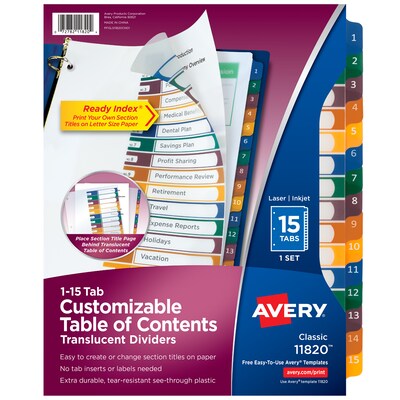 Avery Ready Index Table of Contents Preprinted Dividers, 15-Tab, White, Set (11820)