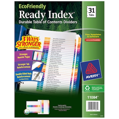 Avery Ready Index Table of Contents EcoFriendly Paper Dividers, 1-31 Tabs, Multicolor (11084)