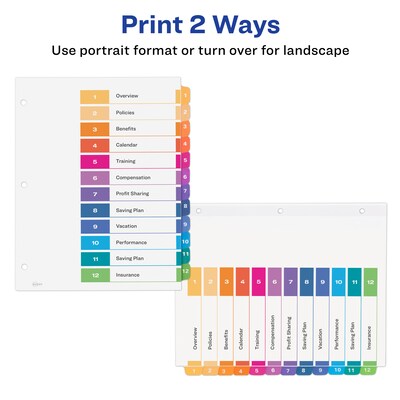 Avery Ready Index Table of Contents EcoFriendly Paper Dividers, 1-12 Tabs, Multicolor, 3 Sets/Pack (11083)