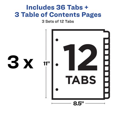 Avery Ready Index Table of Contents EcoFriendly Paper Dividers, 1-12 Tabs, Multicolor, 3 Sets/Pack (11083)