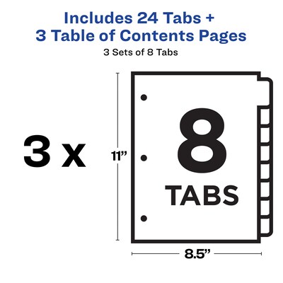 Avery Ready Index Table of Contents EcoFriendly Paper Dividers, 1-8 Tabs, Multicolor, 3 Sets/Pack (11081)